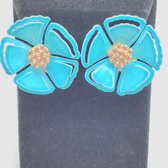 Teal Blue Enamel Flowers Earrings Clip On Flower Power 70s Fun Colorful Jewelry - Picture 4 of 9